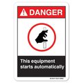 Signmission ANSI Sign, This Equipment Starts Automatically, 5in X 3.5in, 10PK, 3.5" H, 5" W, Landscape, PK10 OS-DS-D-35-L-19892-10PK